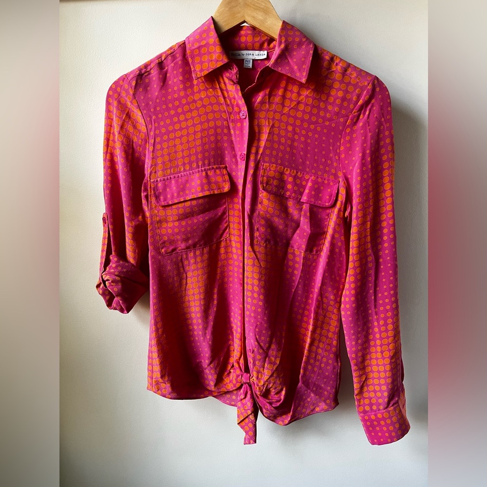 SCILLA DORA LANDA Silk Tie Front Button Down Shirt Polka Dot Retro Colorful XS P